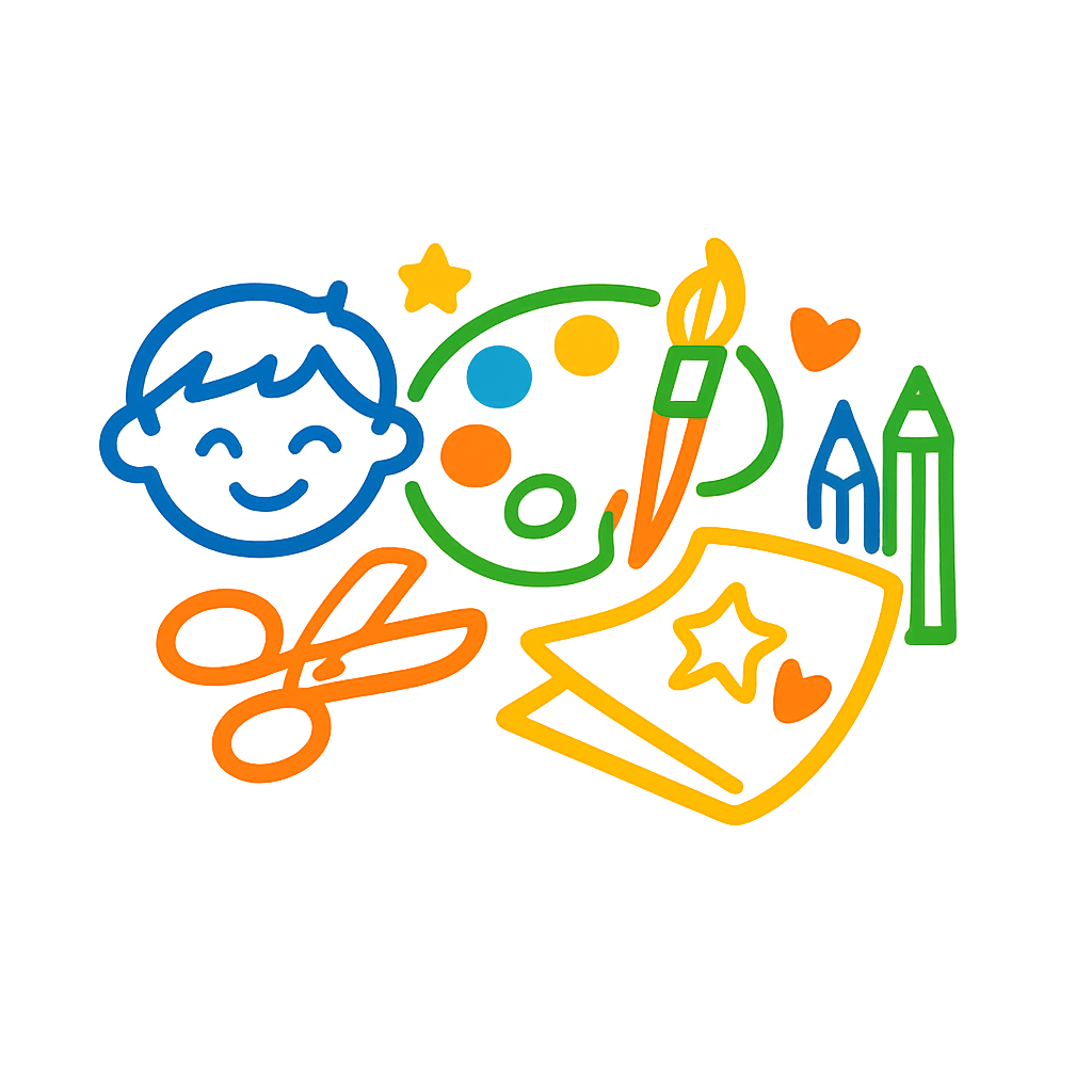 lineart very simple icon representing craft workshops for kids no text use our brand colours blue green orange yellow